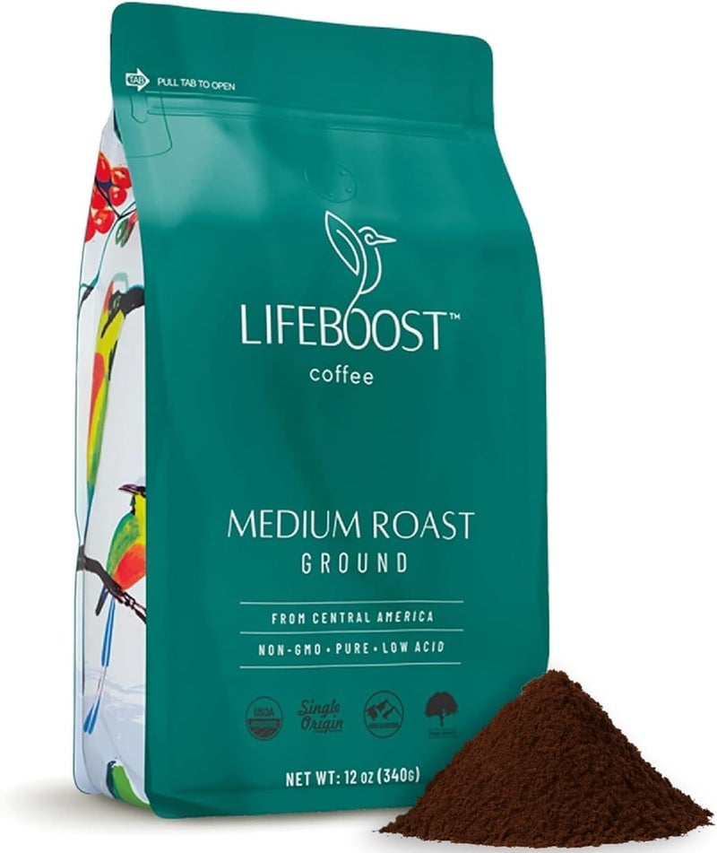 LIFEBOOST Ground Medium Roast Coffee - Low Acid Single Origin USDA Organic Coffee - Non-GMO - 12 Ounces - Image 1